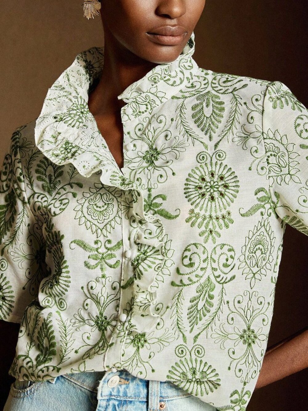 Multicolor Boho Women's Elegant Embroidered Ruffle Collar Blouse